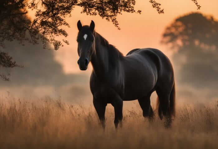 AI - Zwart paard in weiland tijdens zonsondergang